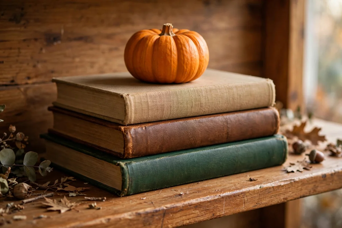 Horizontal stack of books topped with a small pumpkin on a wooden shelf
