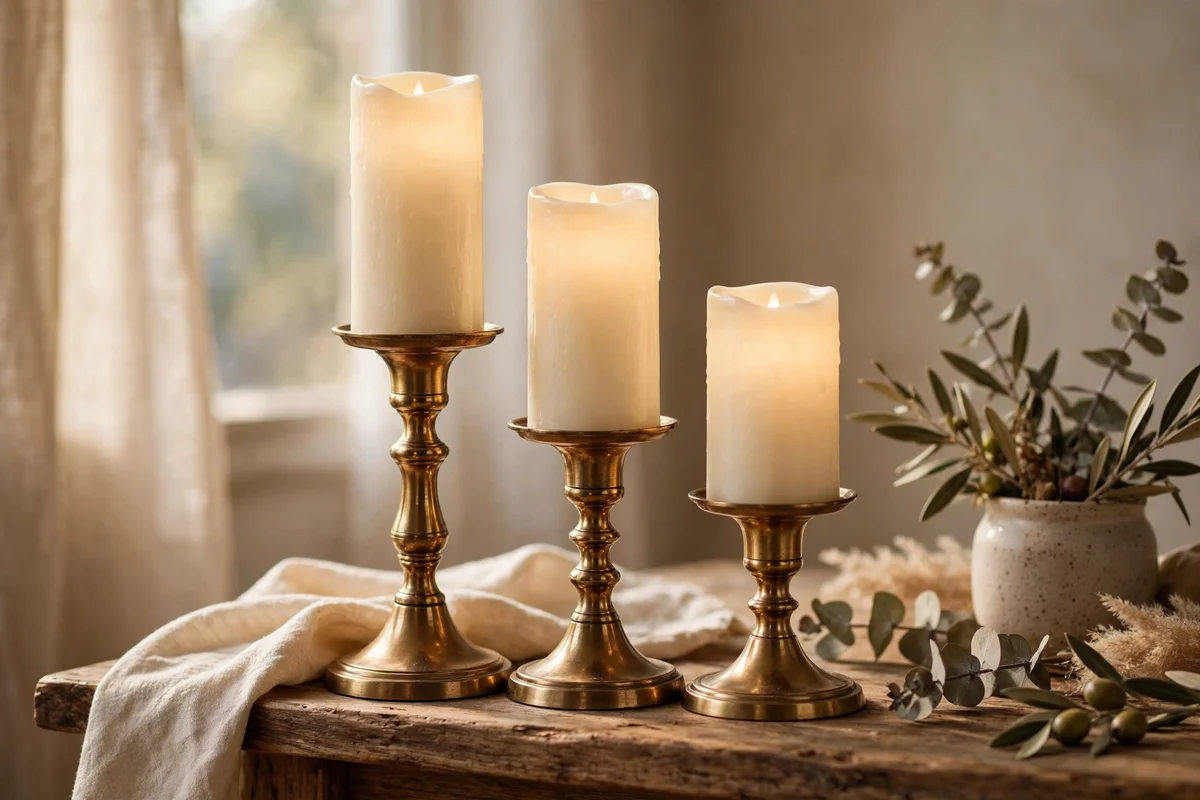 Three brass candlesticks of graduated heights with cream flameless candles on a shelf