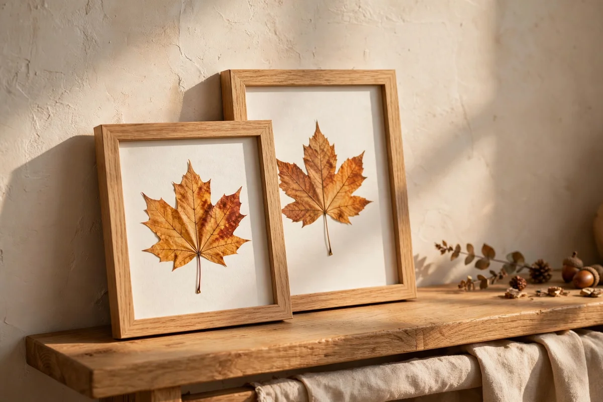 Two small framed autumn leaf prints in matching oak frames leaning on a shelf
