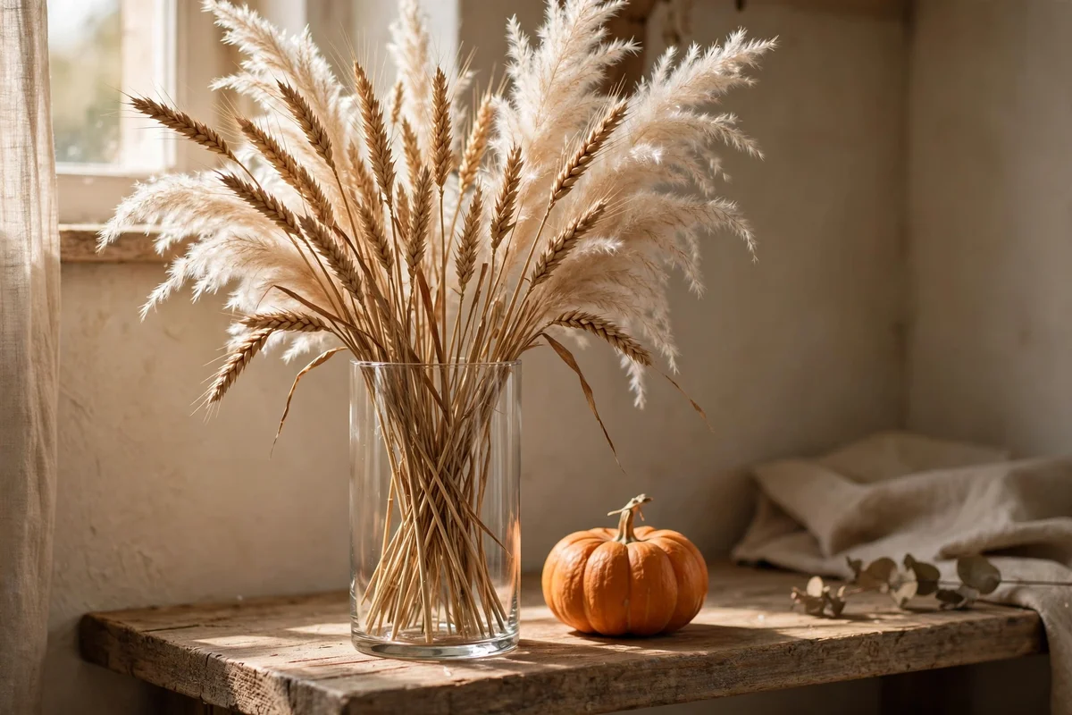Tall glass vase of dried wheat stems and pampas plumes on a shelf
