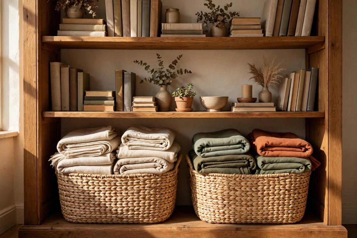 Two woven seagrass baskets side by side on the lowest shelf of a bookcase