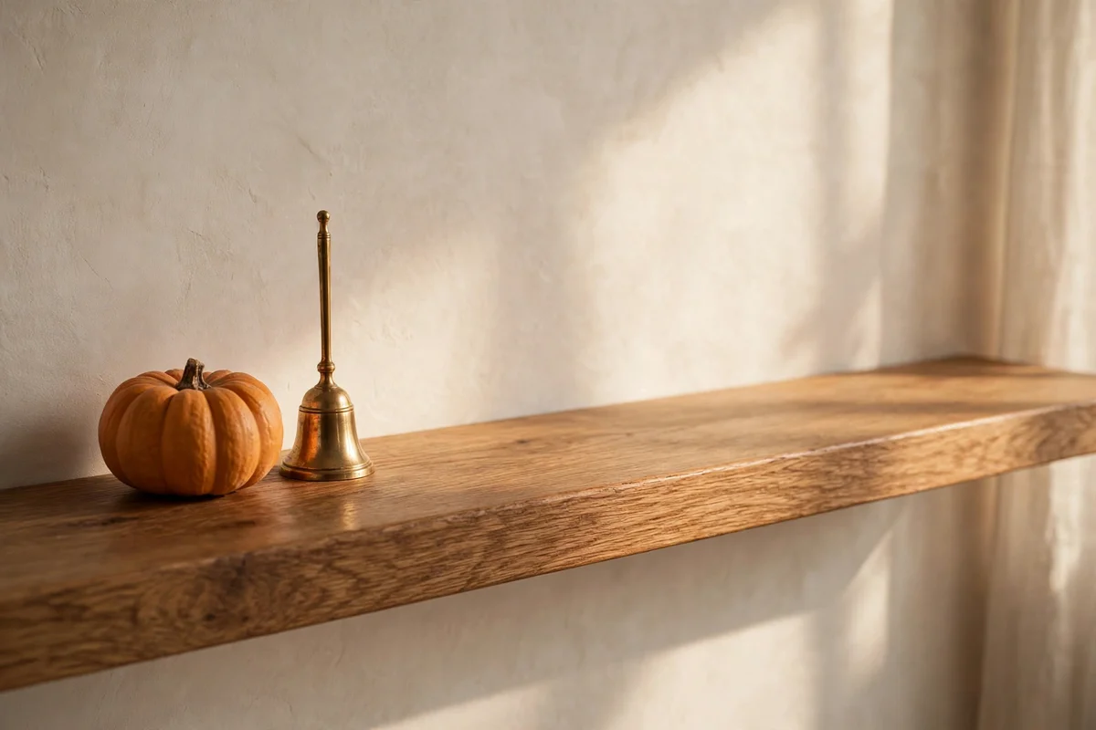 Shelf vignette with a pumpkin and brass object beside a wide empty stretch