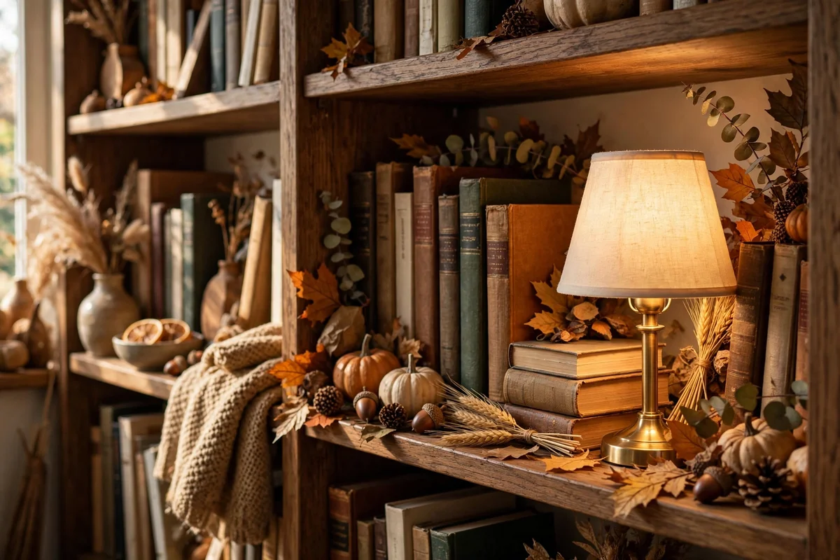 Small brass table lamp glowing warmly at the end of a bookshelf