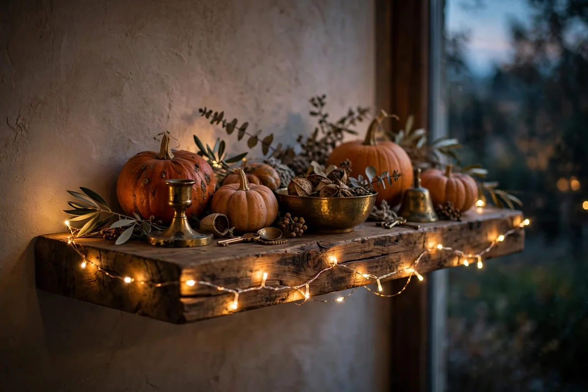 Floating shelf at dusk with warm fairy lights draped along its front edge