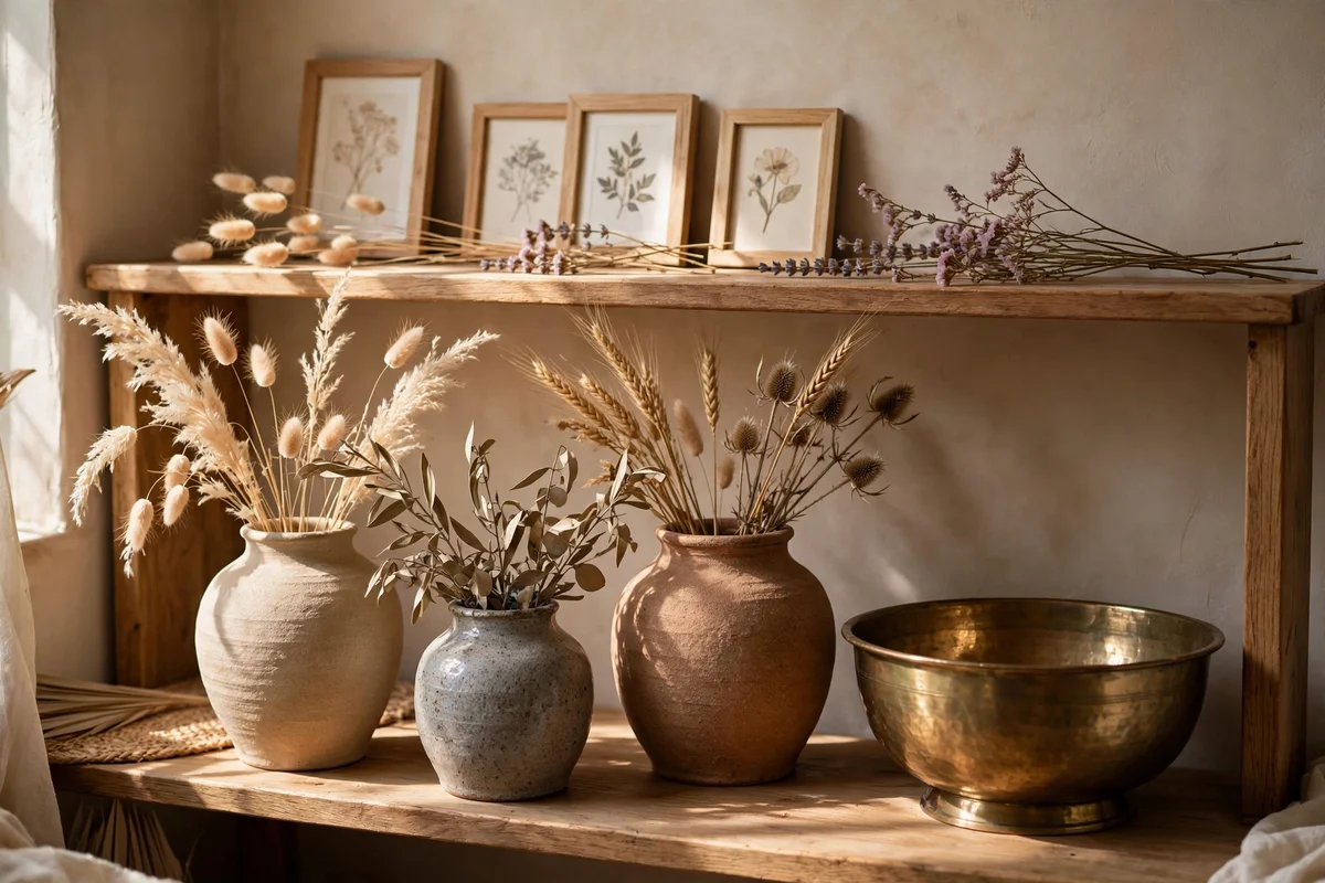 Low shelf with sturdy ceramics and a brass bowl, lightweight decor above