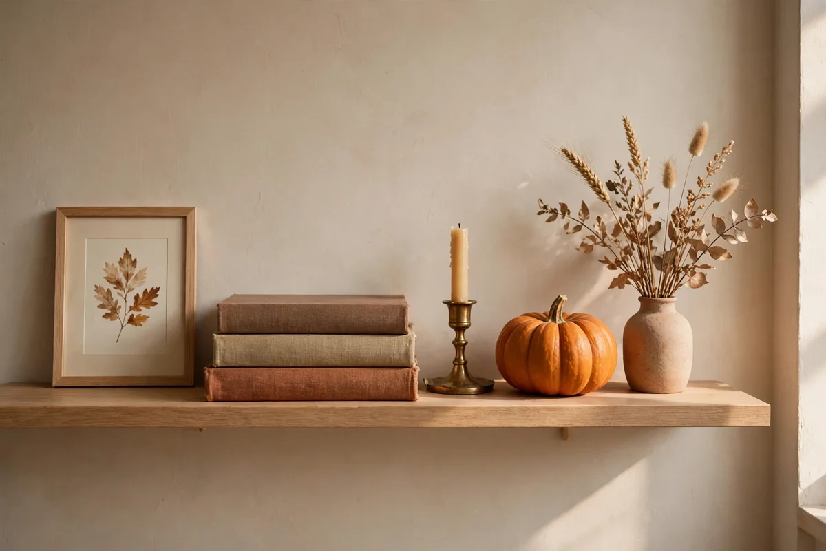 Minimal shelf with only five autumn pieces, a book stack and one pumpkin