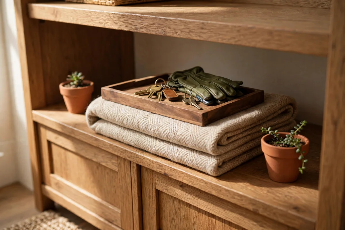 Entry console shelf with a folded wool runner and a wooden tray for keys