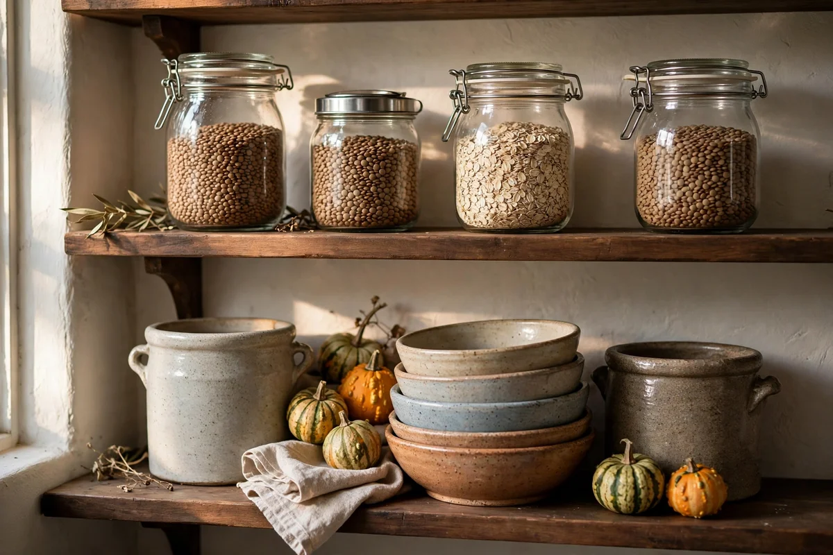 Kitchen open shelves with glass jars, stoneware crocks and mini gourds