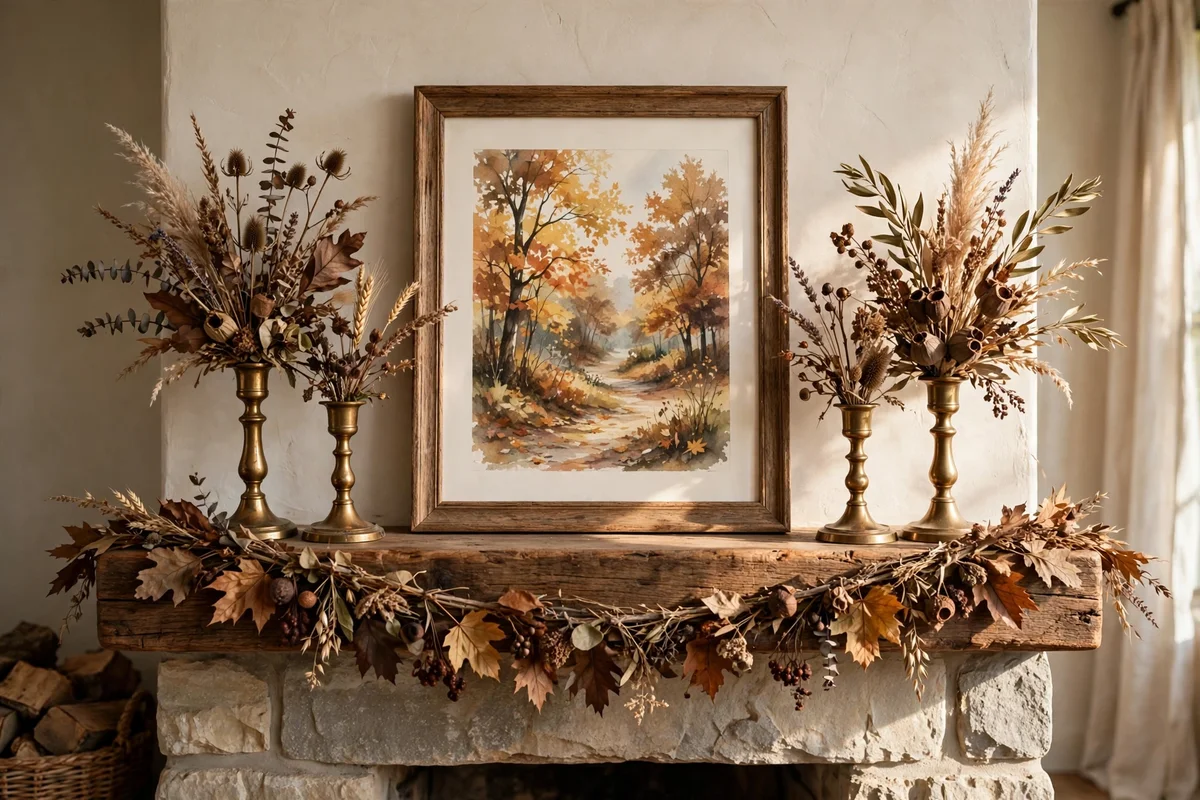 Mantel shelf with a central print flanked by symmetrical stem and brass groups