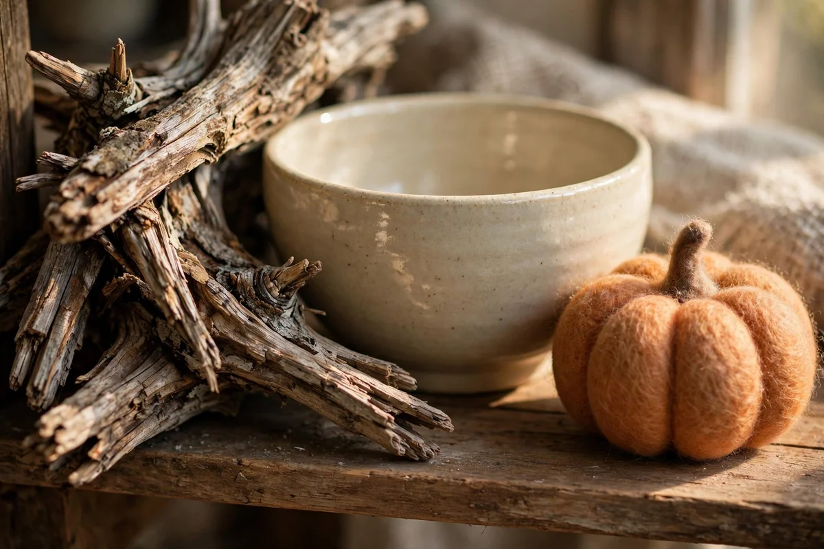 Vignette of driftwood, glazed ceramic bowl and felted wool pumpkin on a shelf