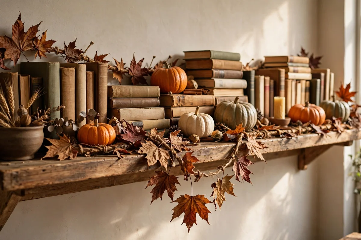 Long shelf with a dried maple leaf garland woven along its back edge