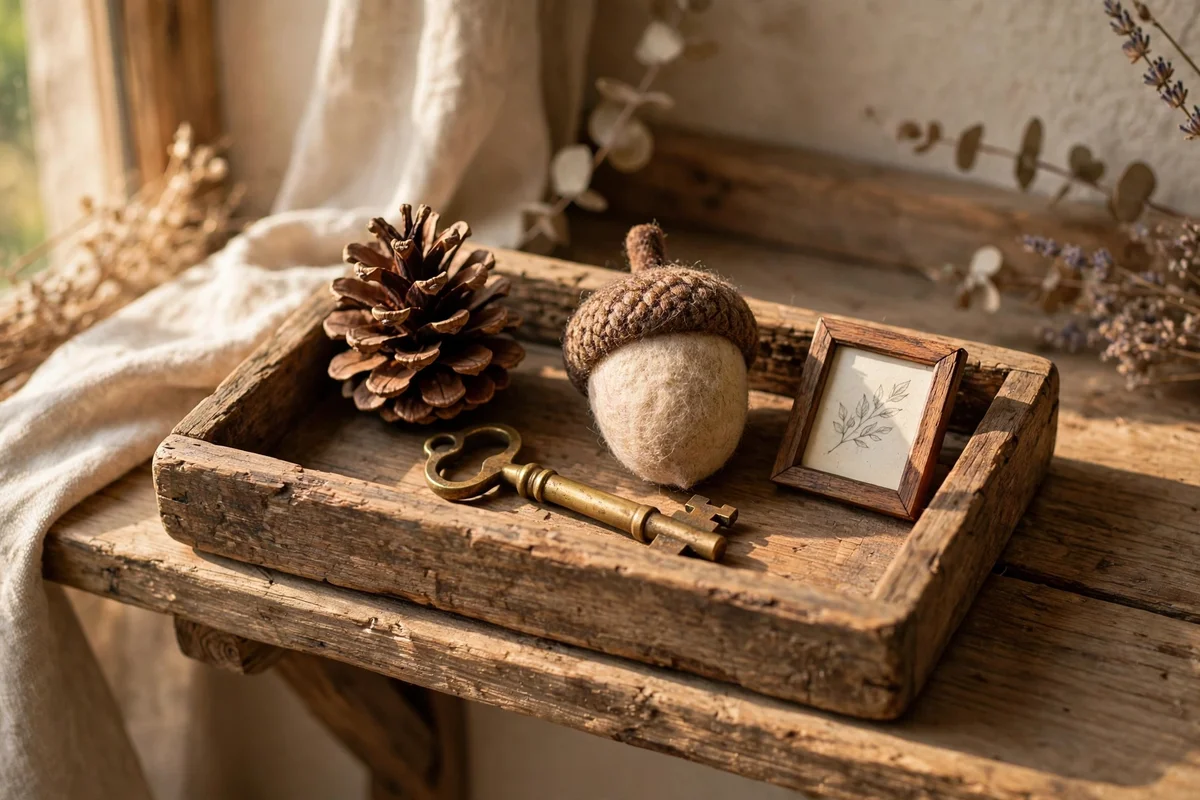 Wooden tray on a shelf holding a pinecone, brass key and felted acorn