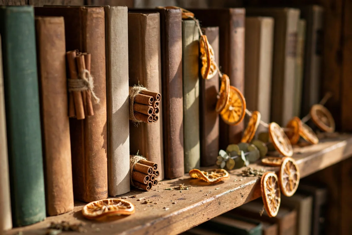 Cinnamon stick bundles and dried orange slices tucked between book spines