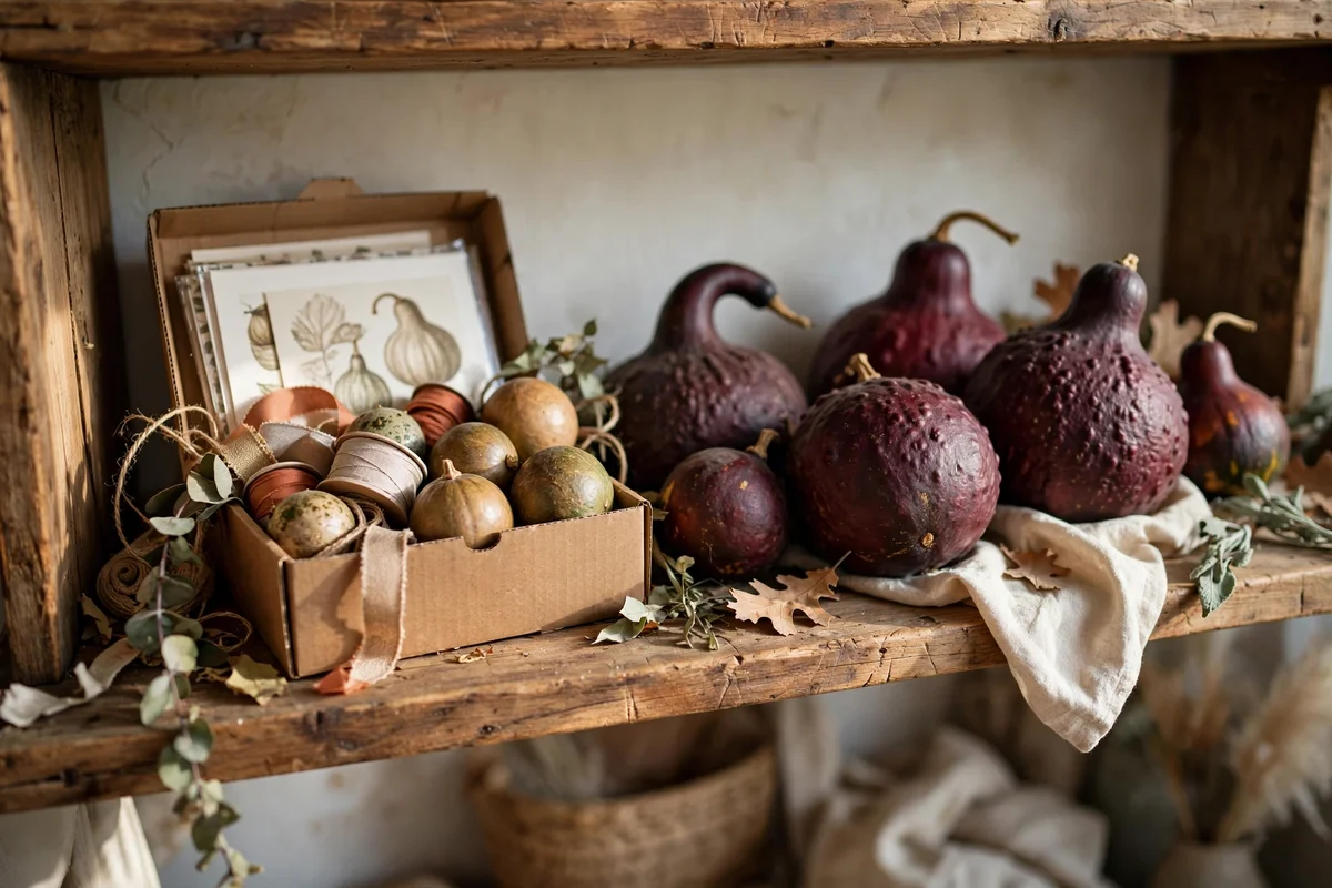 Shelf mid refresh with a box of spare gourds, ribbons and prints beside it