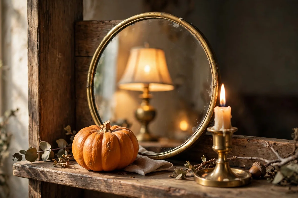 Small round mirror with brass frame propped at the back of a shelf