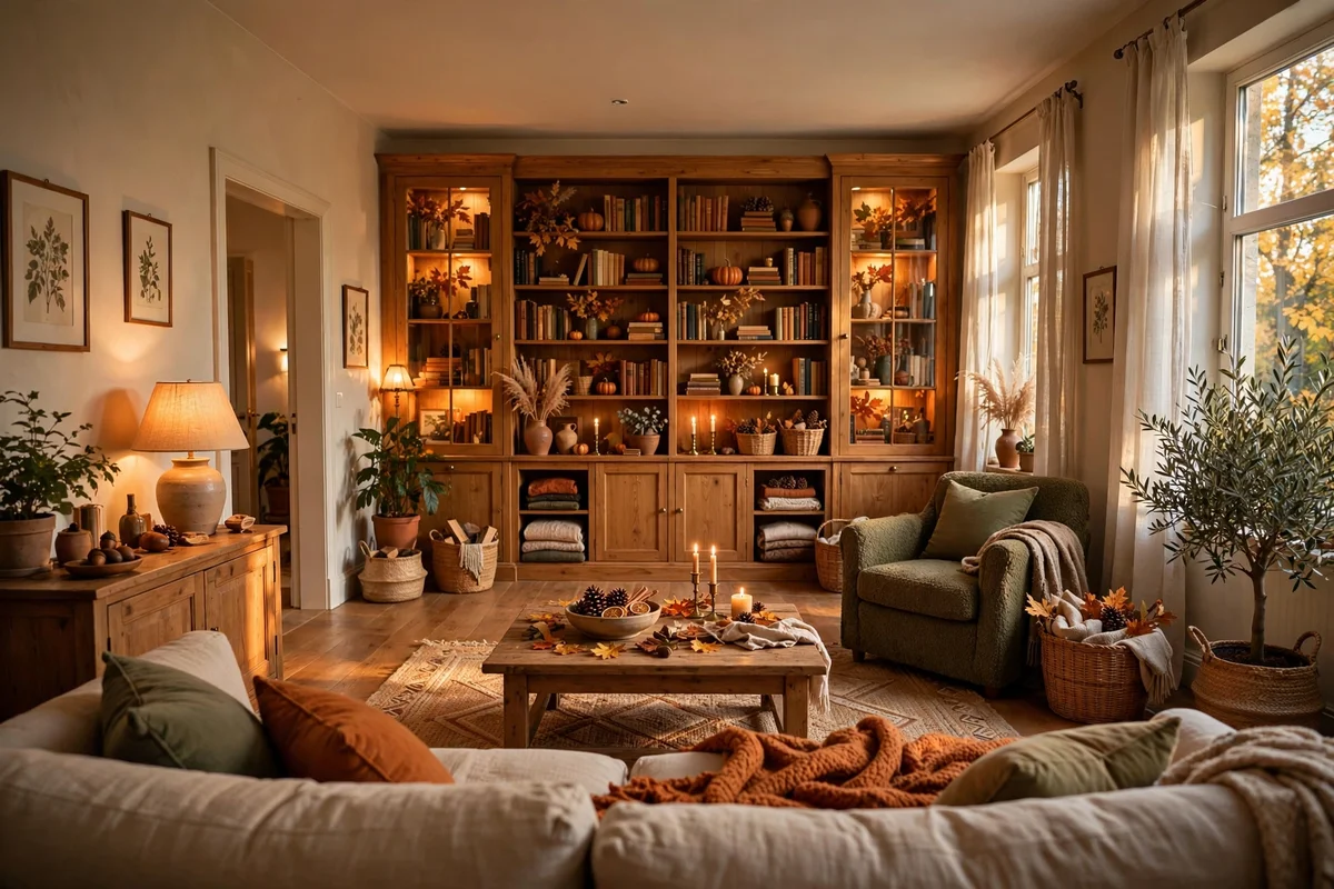 Fully styled autumn bookshelf seen from across a cozy living room