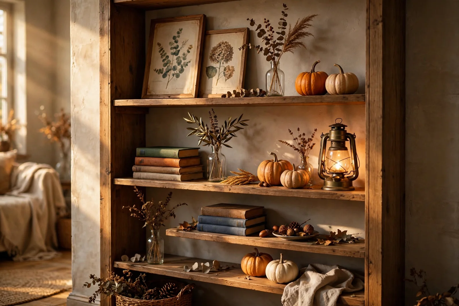 Lead image for 20 Fall Shelf Styling Ideas That Layer Pumpkins, Books and Warm Wood