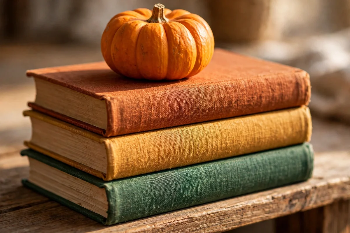 Stack of autumn coloured hardback books on a shelf with a small pumpkin on top