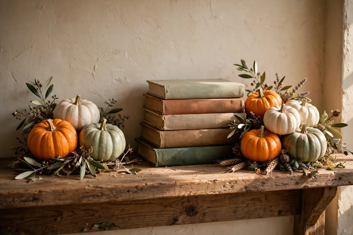 Cluster of five small pumpkins in orange, white and green on a wooden shelf