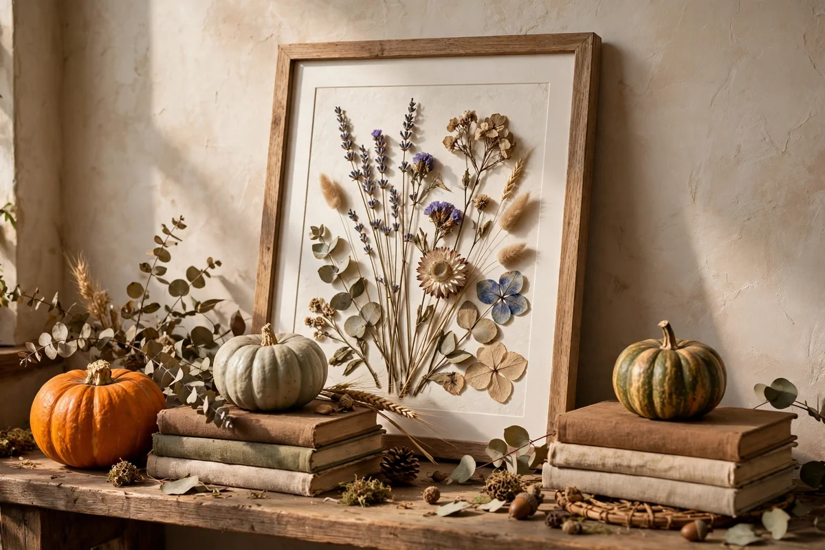 Framed botanical print of dried flowers leaning at the back of a styled shelf
