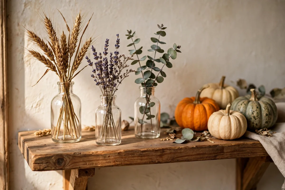 Dried wheat and eucalyptus stems in small glass bottles on a shelf