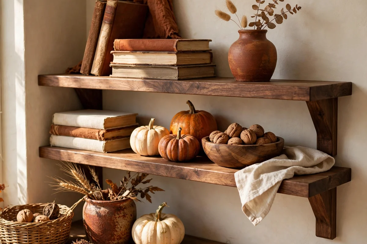 Shelf styled in rust, cream and walnut tones with pumpkins and books