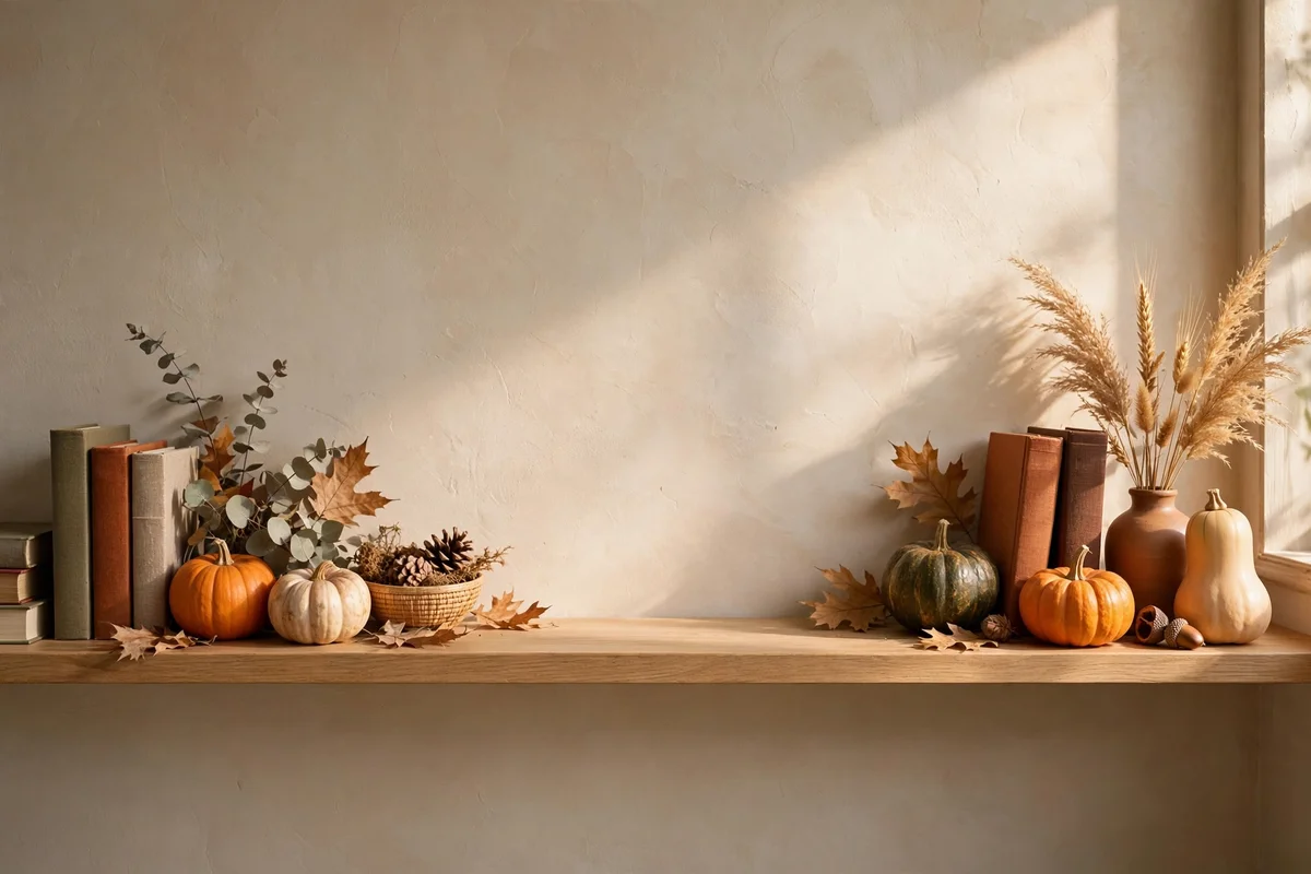 Shelf with generous empty space between styled autumn vignettes