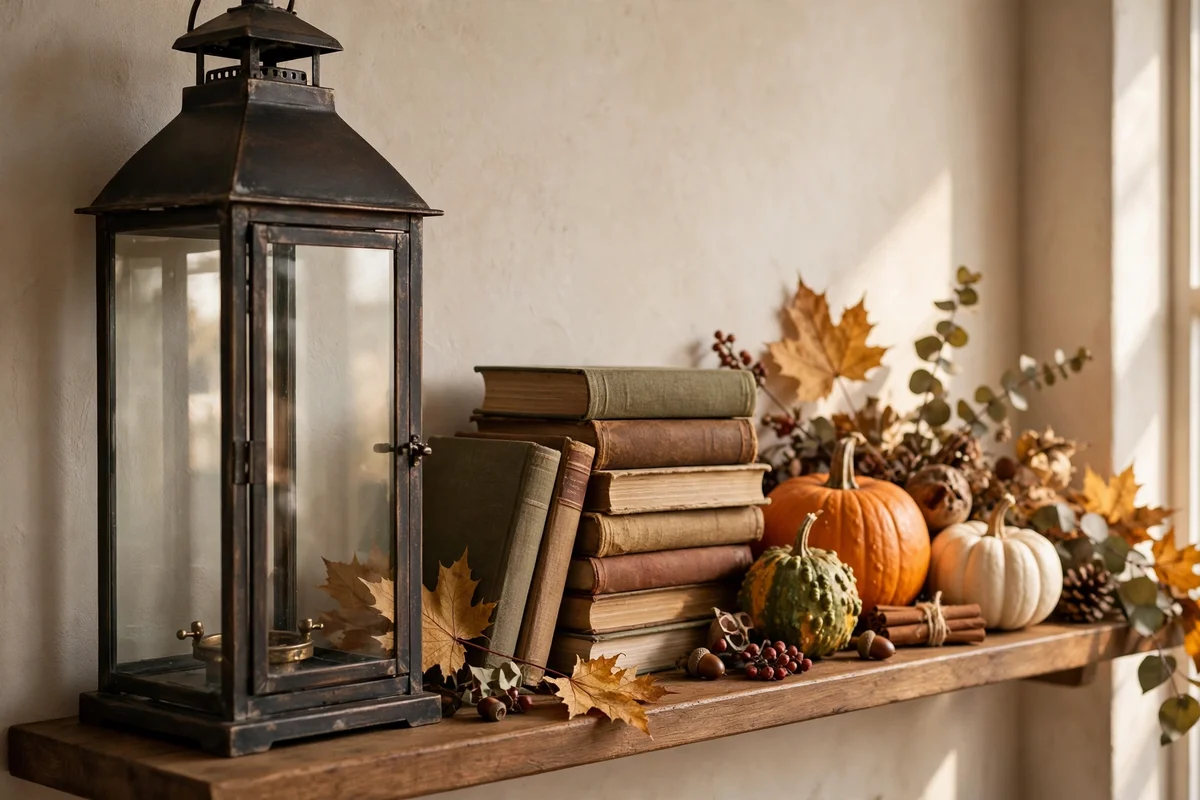 Tall lantern anchoring one end of an autumn styled shelf