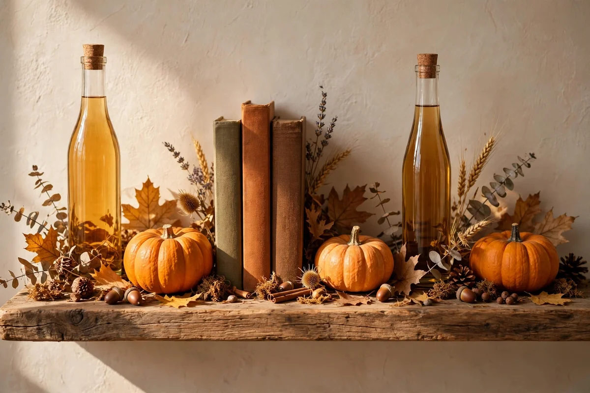 Shelf arranged in a rhythm of tall and low autumn objects