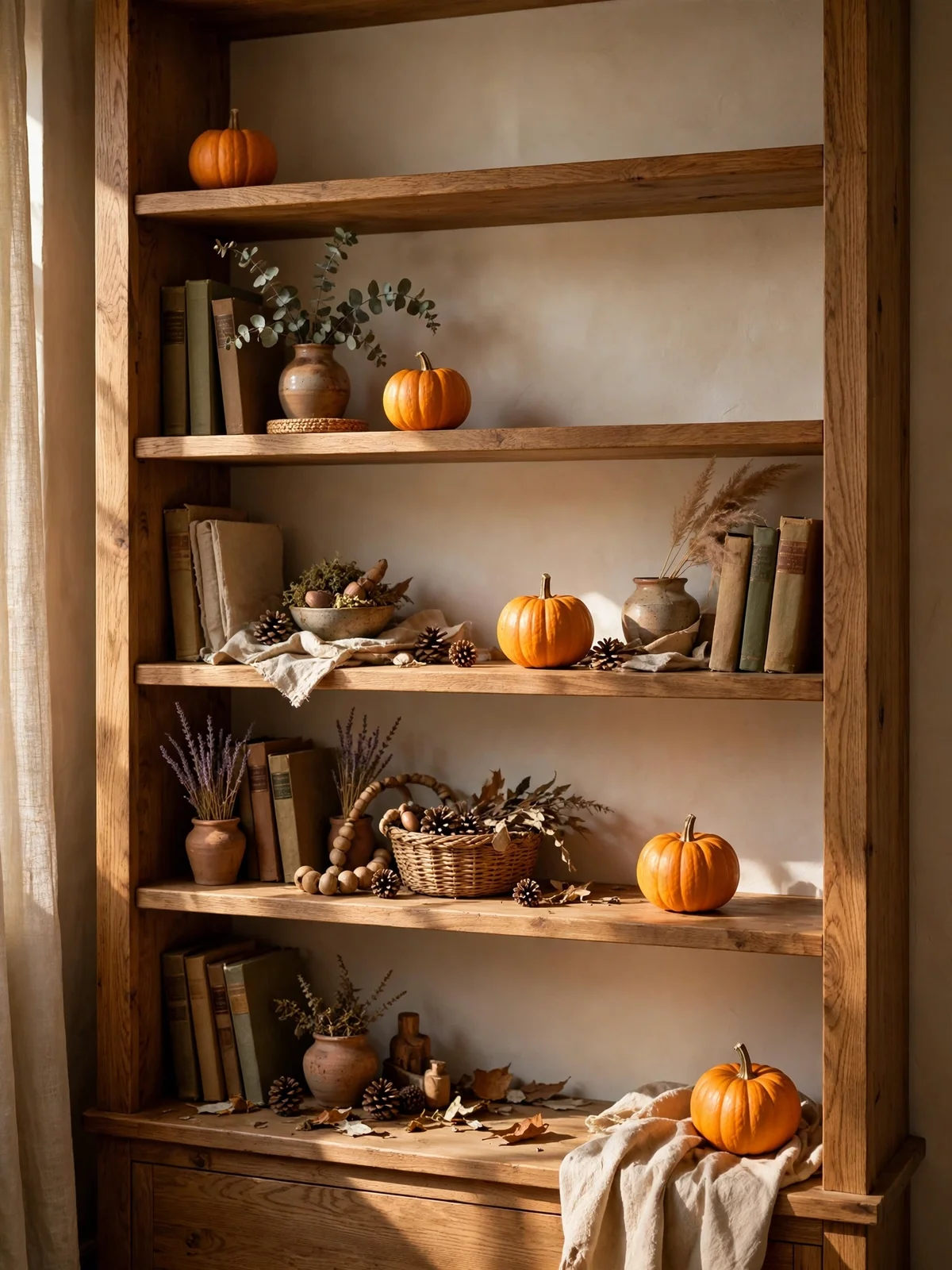 Bookcase with round pumpkins repeated on every shelf