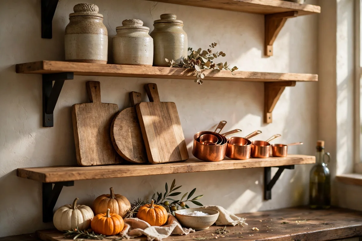 Kitchen open shelves with wooden boards, copper cups and pumpkins