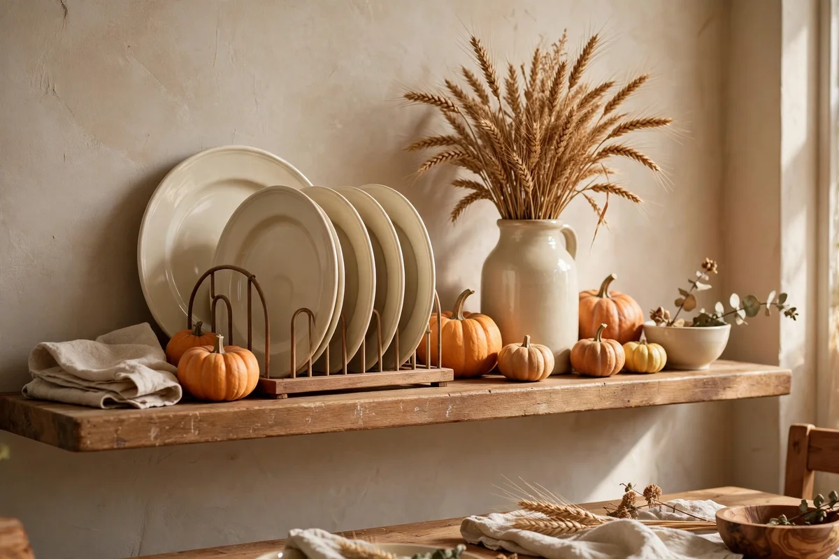 Dining room shelf with cream crockery, pumpkins and dried wheat