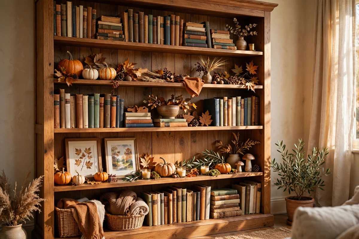 Living room bookcase styled with books, pumpkins and framed prints