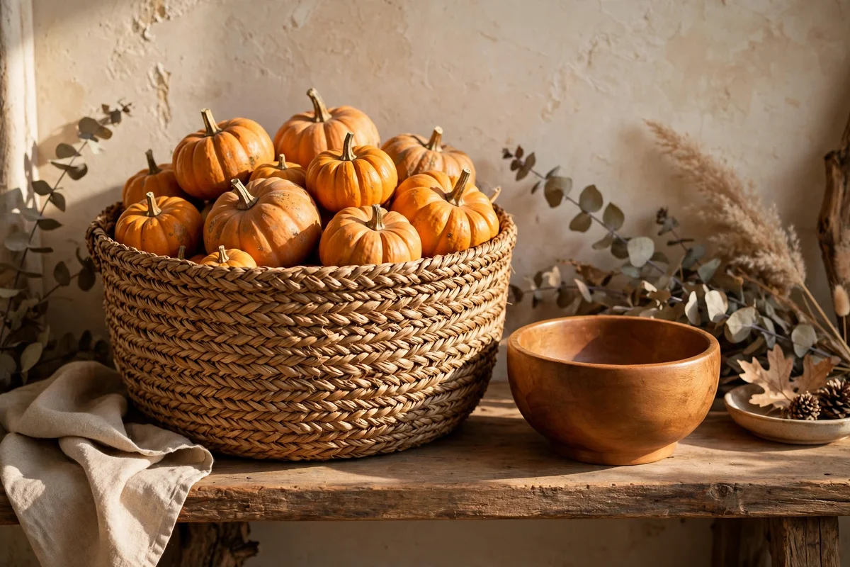 Woven basket with pumpkins and a turned wooden bowl on a shelf
