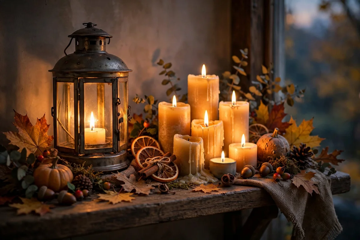 Glowing lantern and candles on an autumn styled shelf at dusk