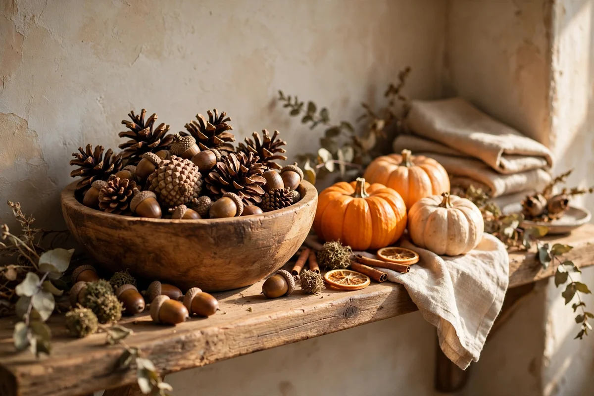 Wooden bowl of pinecones and acorns beside small pumpkins on a shelf