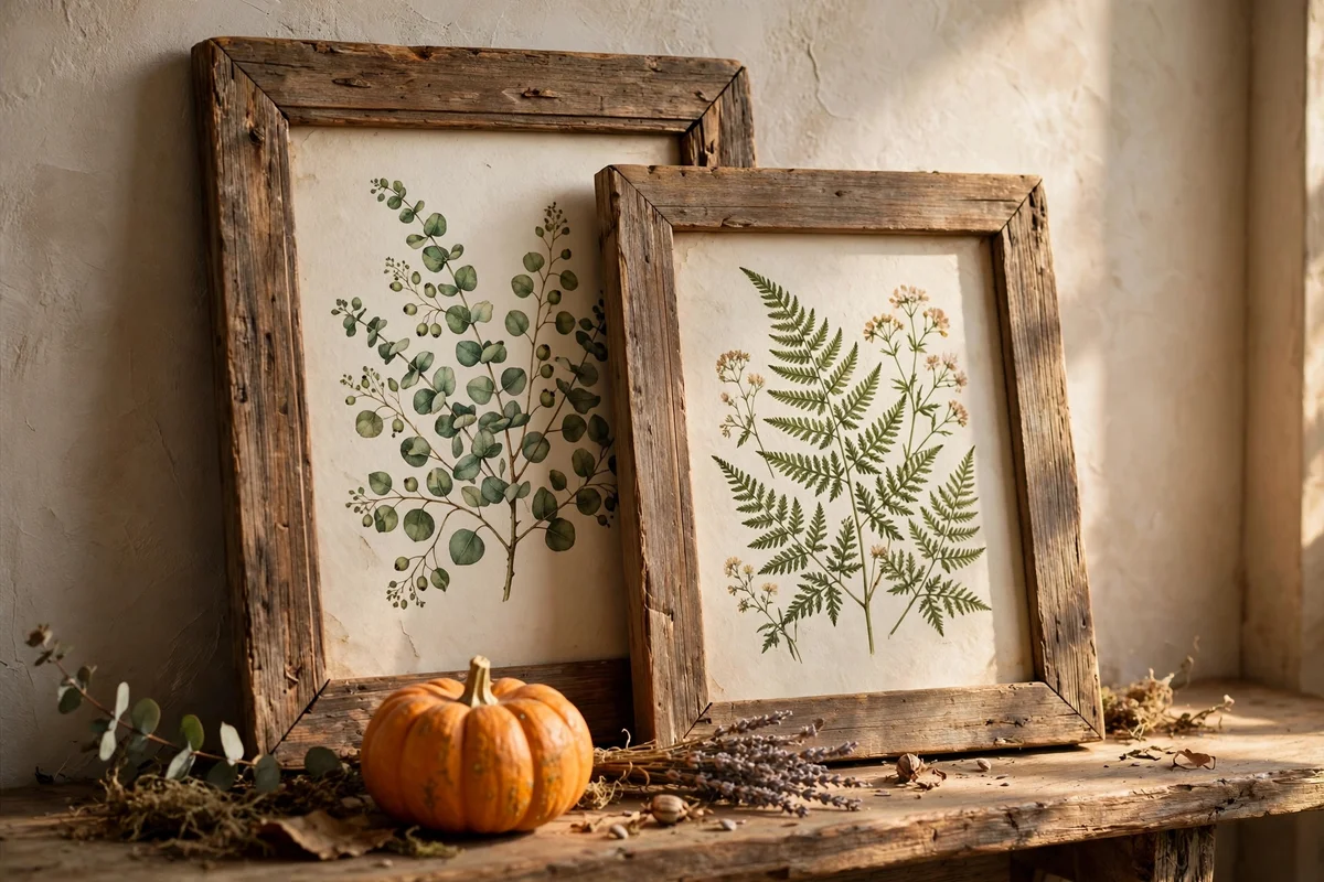 Two overlapping wooden frames with botanical art on a shelf