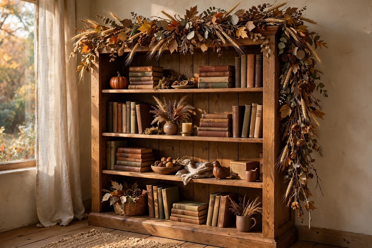 Dried leaf garland draped along the top of a styled bookcase