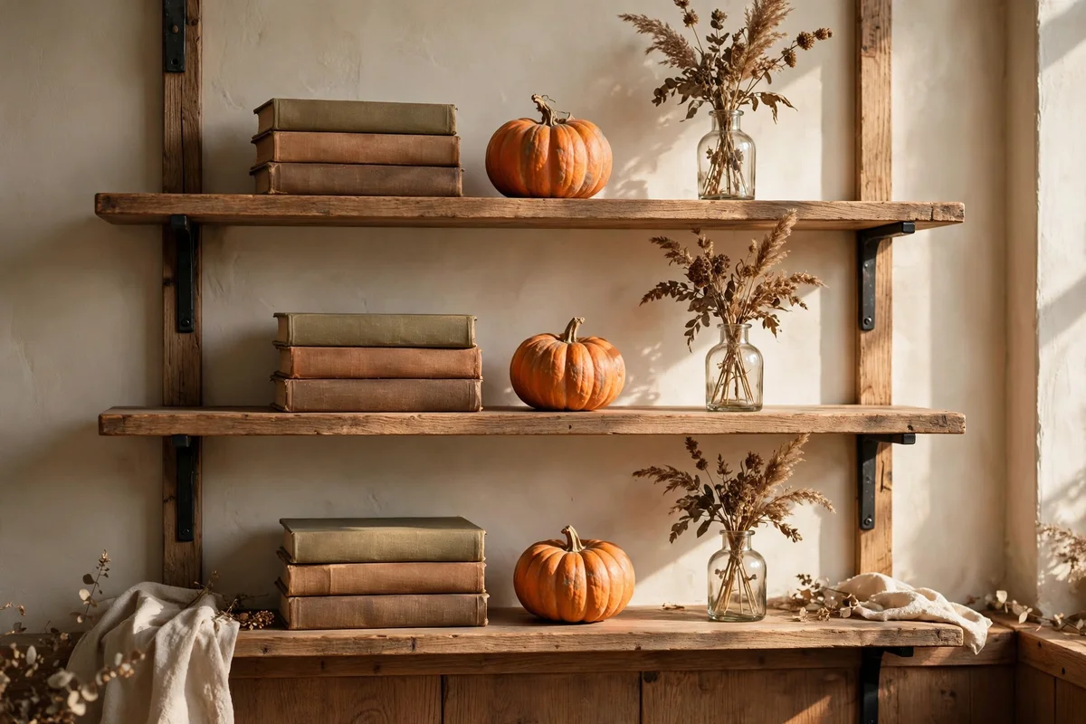Three shelves styled with the same repeat formula of books and pumpkins