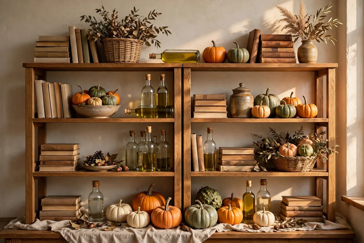 Two neighbouring shelves styled in balance with pumpkins and books