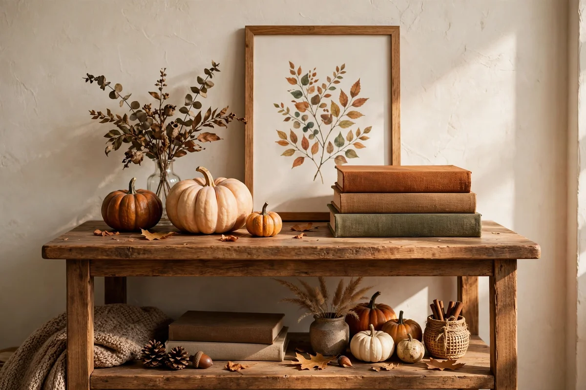 Phone photograph of a styled autumn shelf on a side table