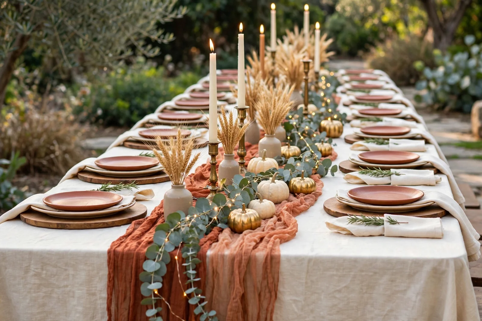 Autumn wedding table with cream linen, rust runner, brass candles, eucalyptus and pumpkins