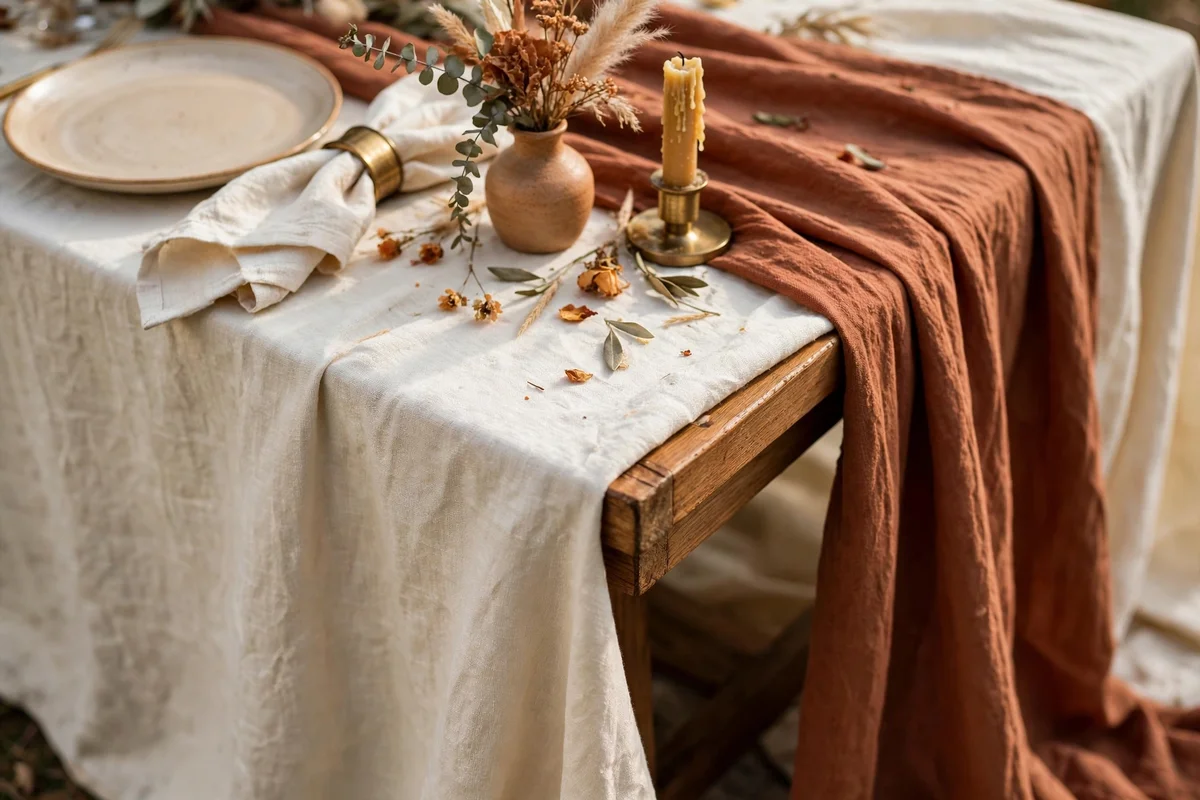 Cream linen tablecloth layered with a rust runner trailing off the table end