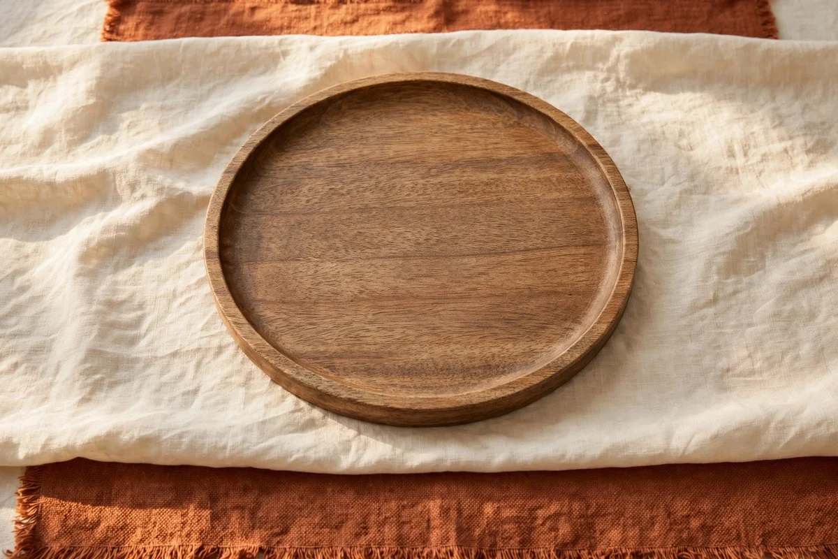 Round wooden charger centred on cream linen with a rust runner