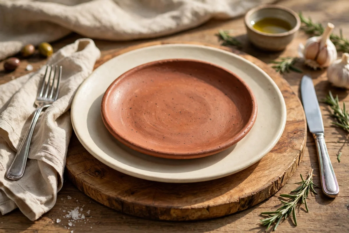 Cream dinner plate layered with a terracotta salad plate on a wooden charger