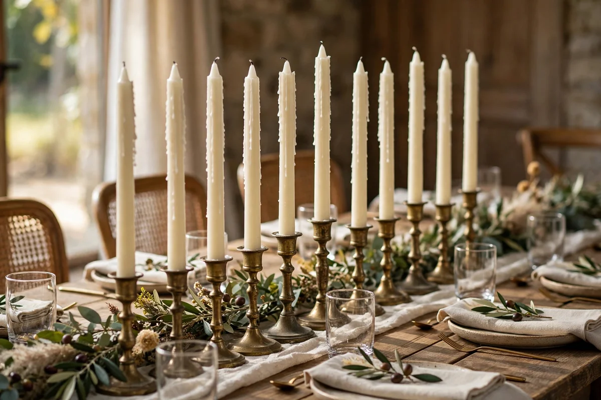 Tall taper candles in aged brass holders lined down the table centre