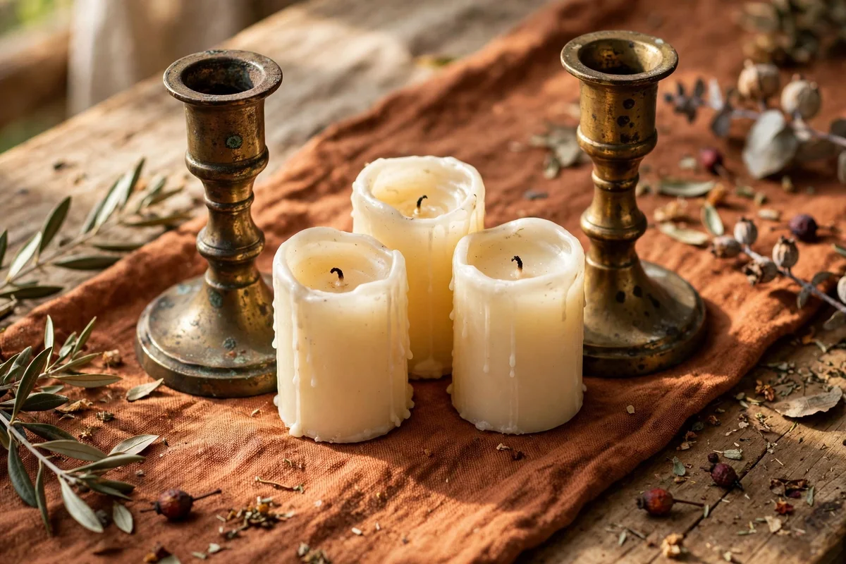 Short pillar candles nestled between brass taper holders on a rust runner