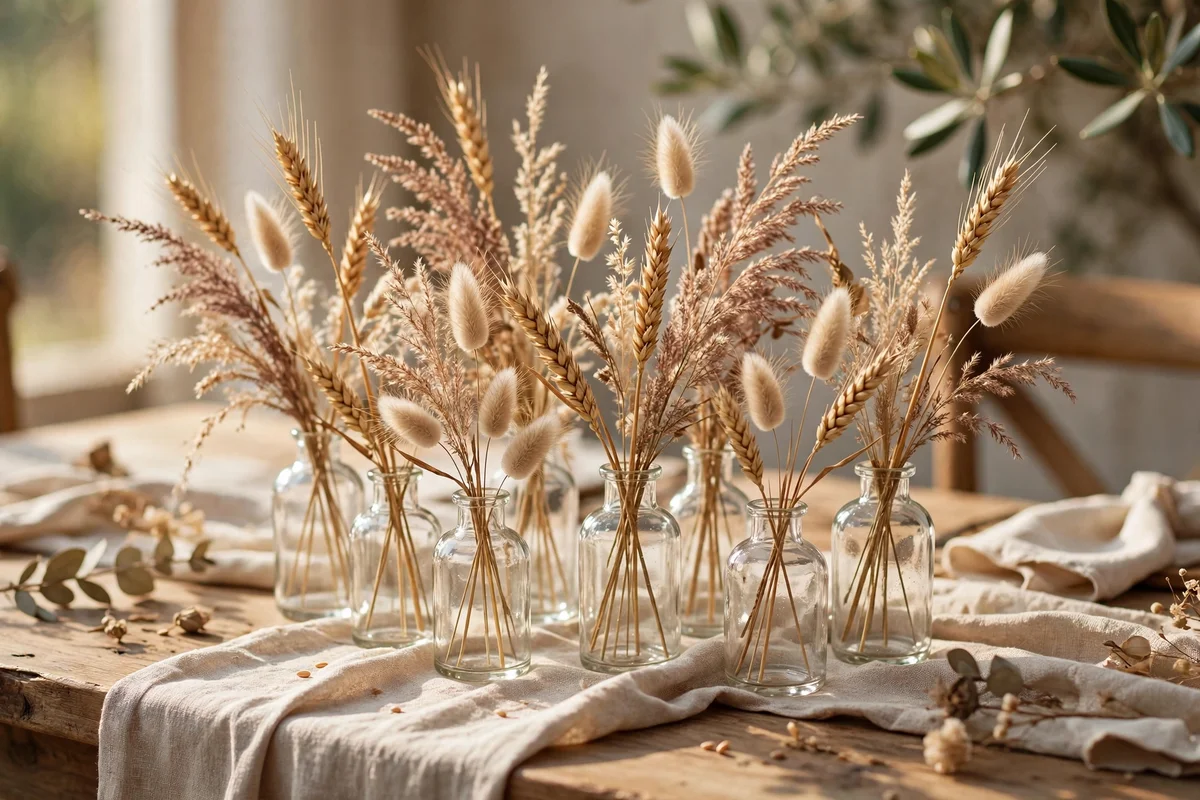 Low bud vases of dried wheat and ornamental grasses