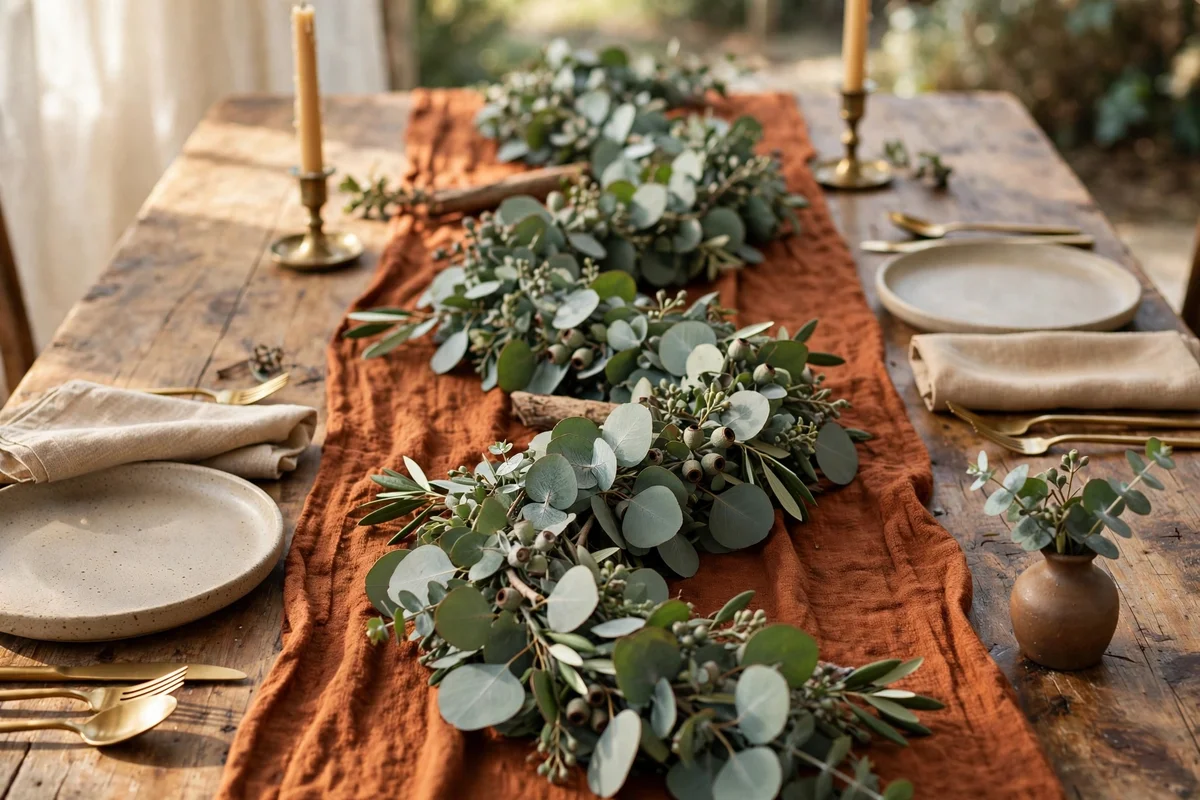 Silver dollar eucalyptus garland woven down the table centre