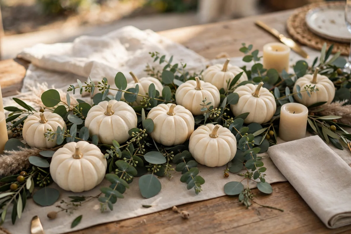 Small white pumpkins tucked along a eucalyptus runner